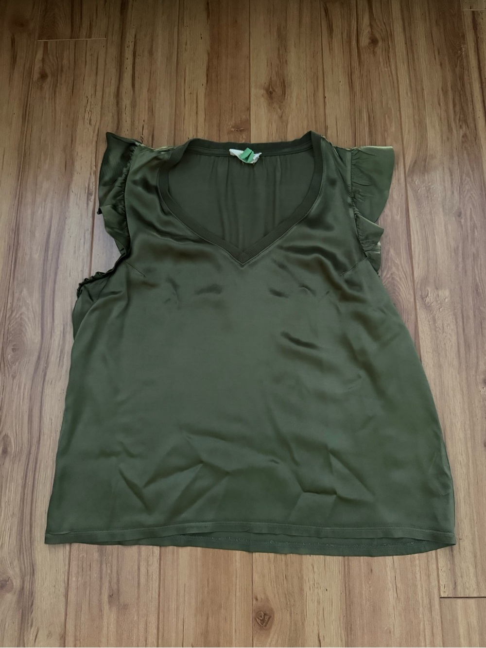 NATION Joey Satin Top with Ruffled Sleeve in Olive